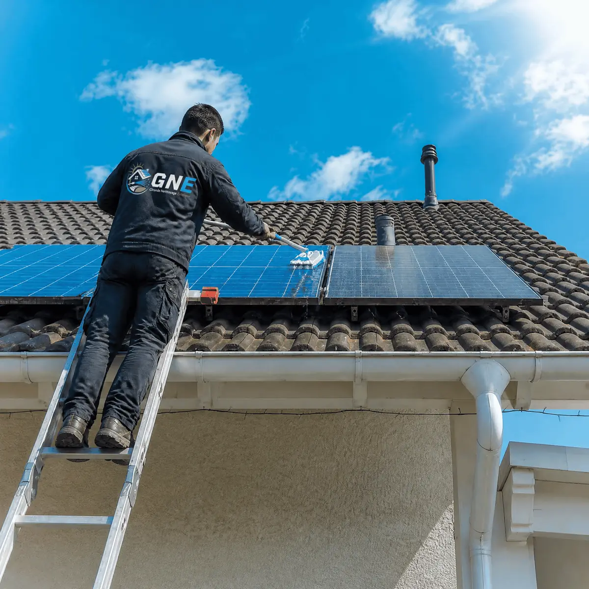 Technicien GNE nettoyant des panneaux solaires depuis une échelle
